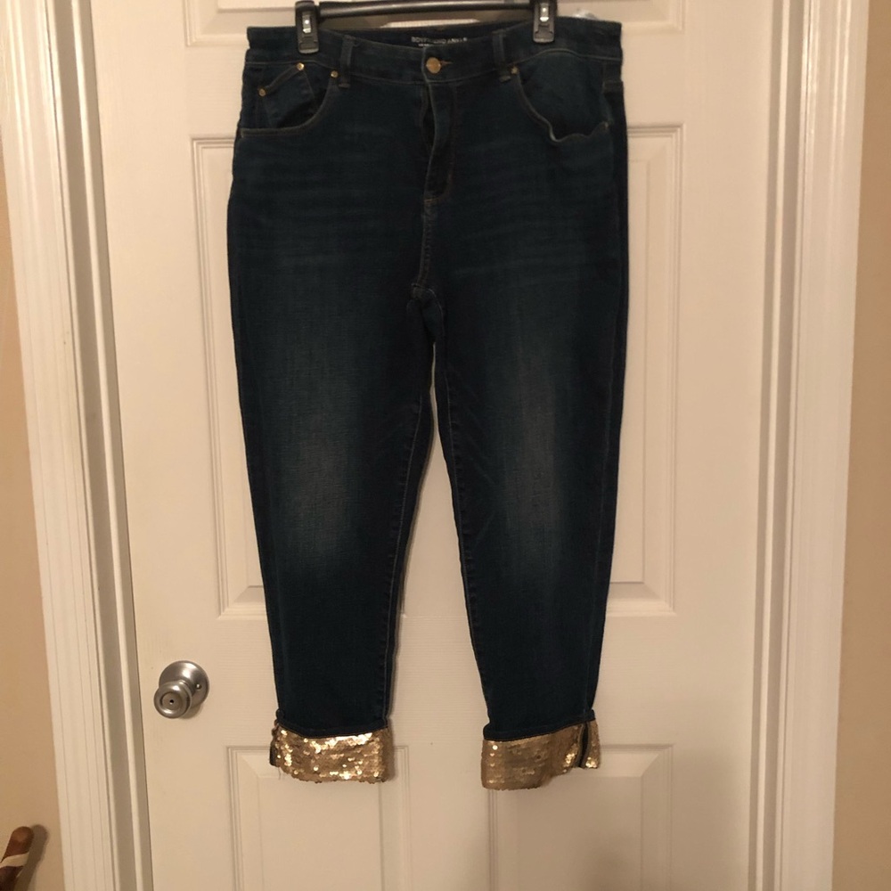 Chico's Dark Blue Jeans with Gold Cuffs